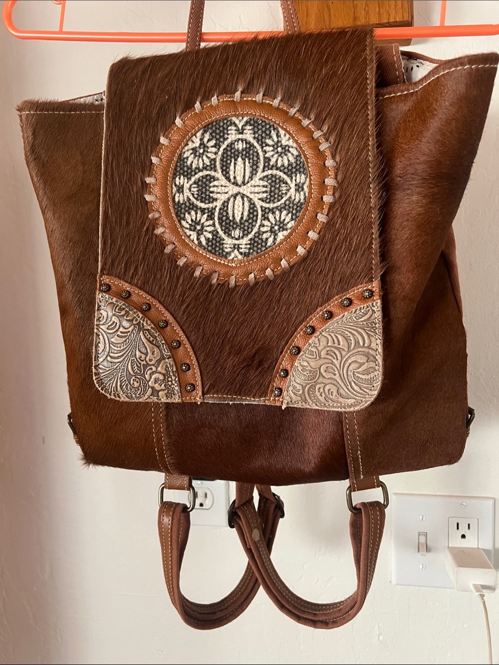 Women's Brown Hair-On-Leather Decorative Backpack
